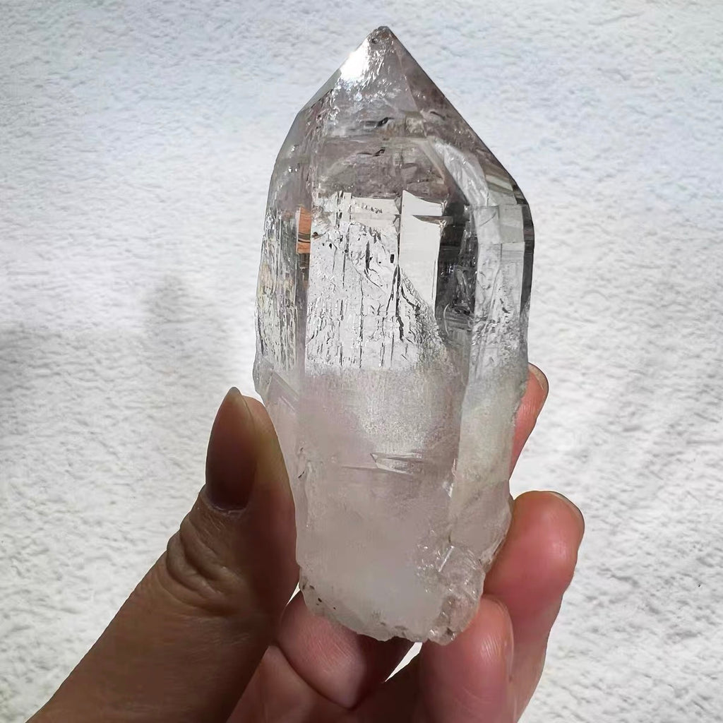Raw Clear Crystal Point Specimen with Complete Sharp Tip, Linear Surface Texture Unpolished Crystal Tower Tabletop Decor Ornament
