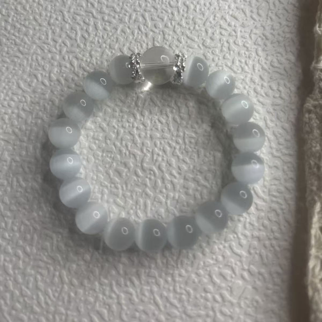 Grey Cat Eye Bead Stretch Bracelet, Minimal Gray Translucent Wrist Adornment