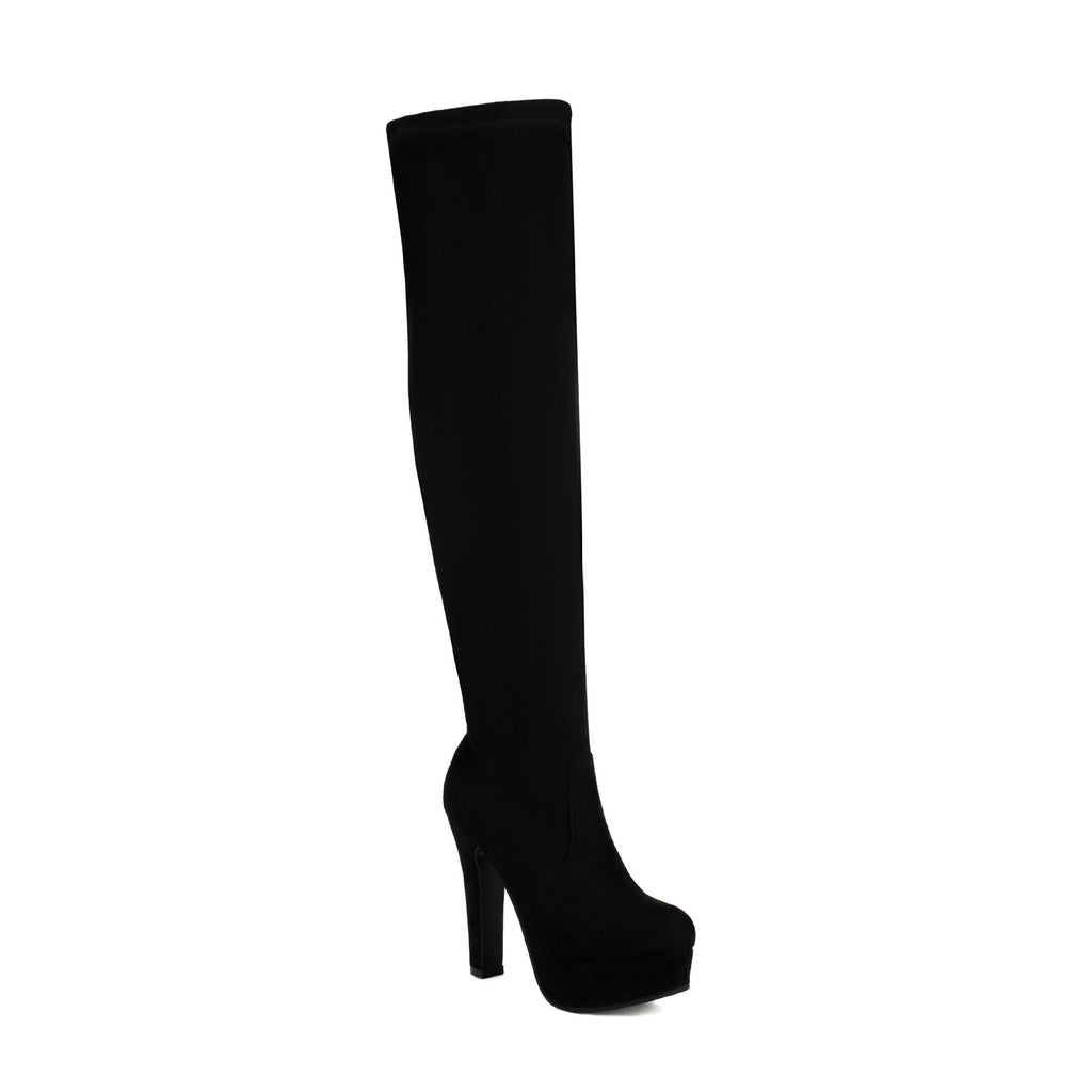 Women's Faux Suede Over‑The‑Knee Platform Thigh High Boots, Stretch Slim Fit Chunky Block Heel Long Boots, Side Zipper Nightclub Party Heeled Boots