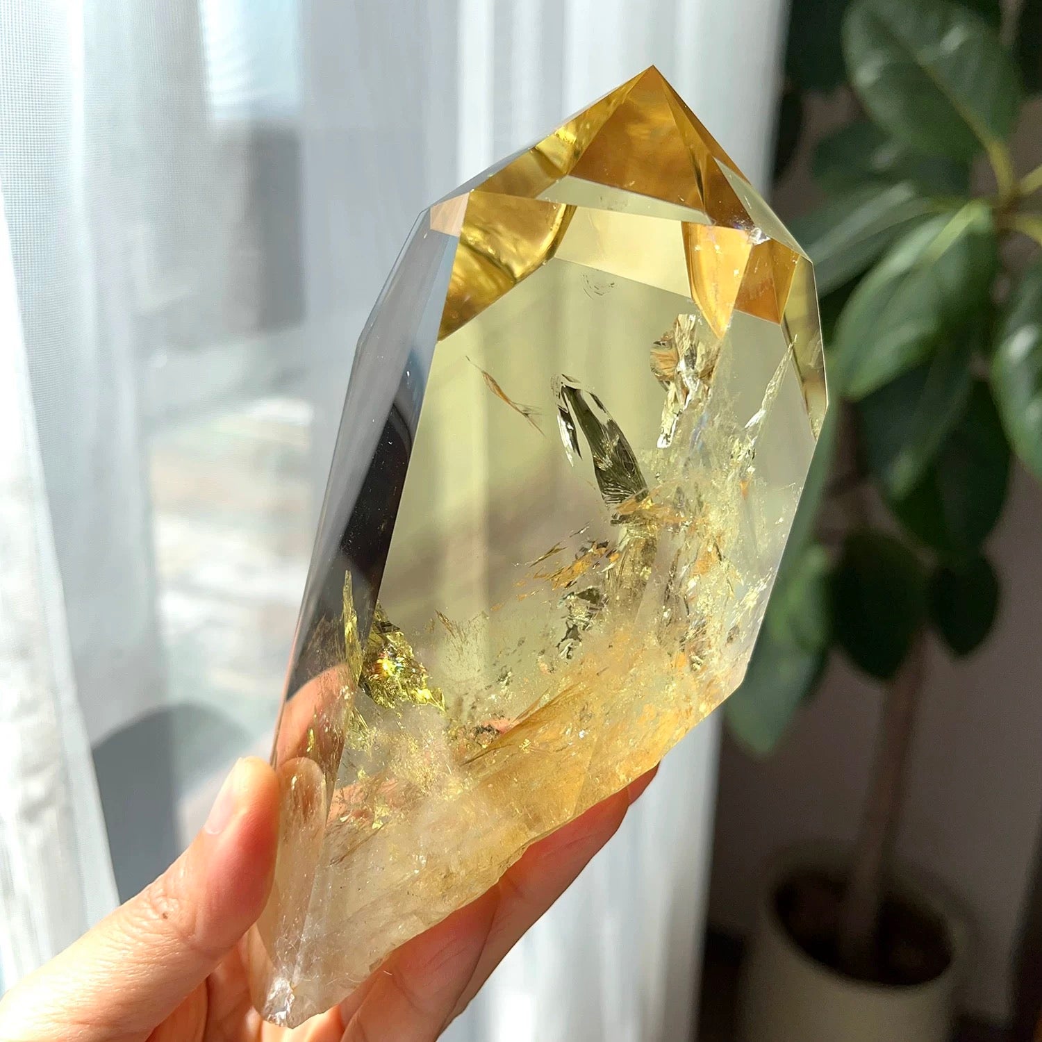 Golden Yellow Crystal Tower Point Ornament, Rutile Inclusion Polished Hexagonal Prism Decor