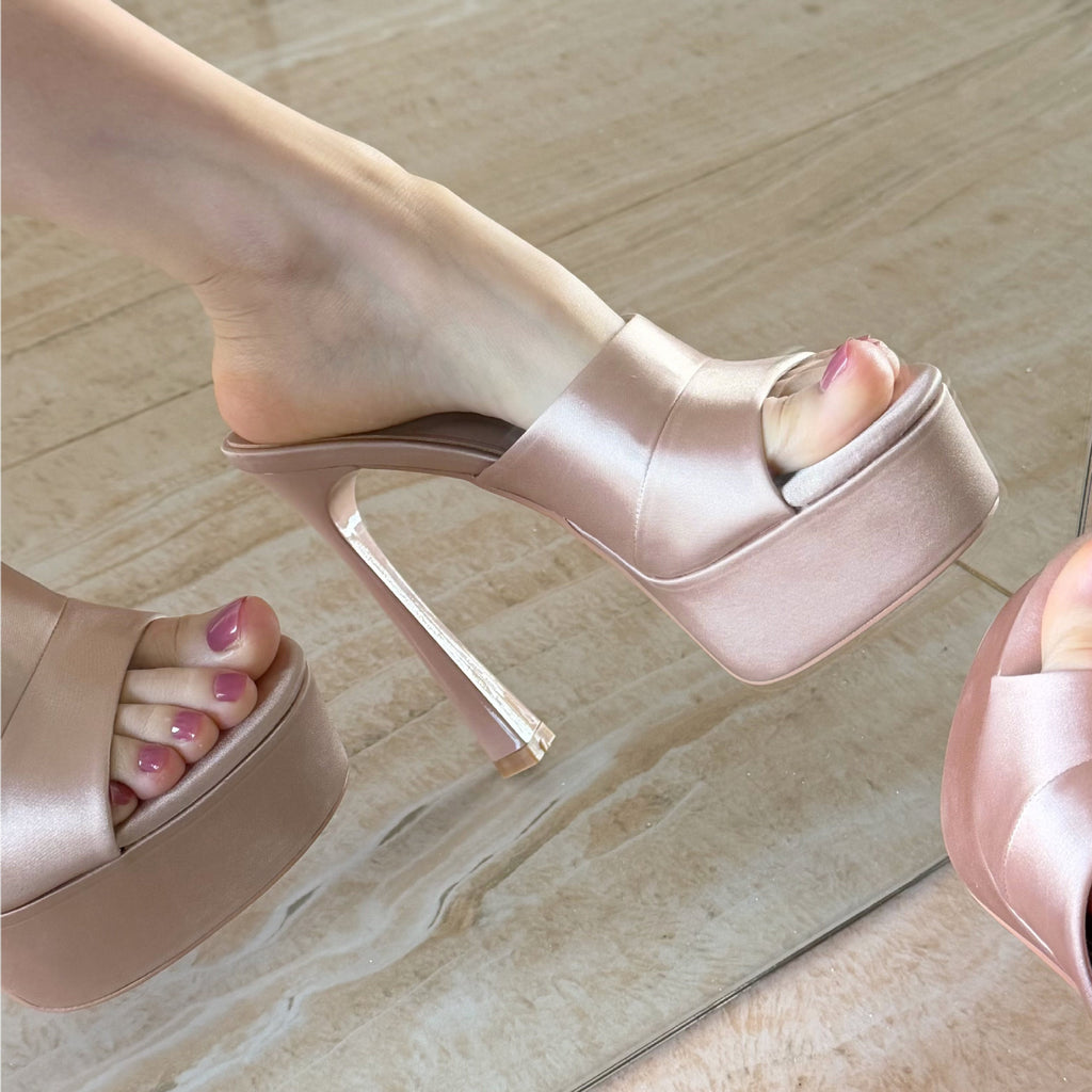 Women's Satin Cross Strap Platform Mule Sandals, Champagne Nude Peep Toe Stiletto Heel Slides, Flared Heel High Heel Party Dress Shoes