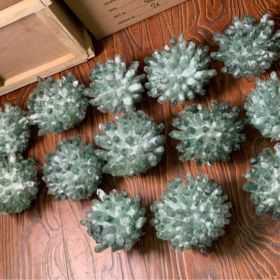 Green Phantom Quartz Crystal Cluster, Decorative Mineral Geode Specimen for Table Display & Collection