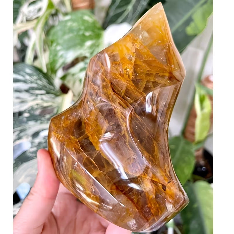 Golden Yellow Quartz Flame Tower, Polished Freeform Crystal Ornament for Table Display & Collection