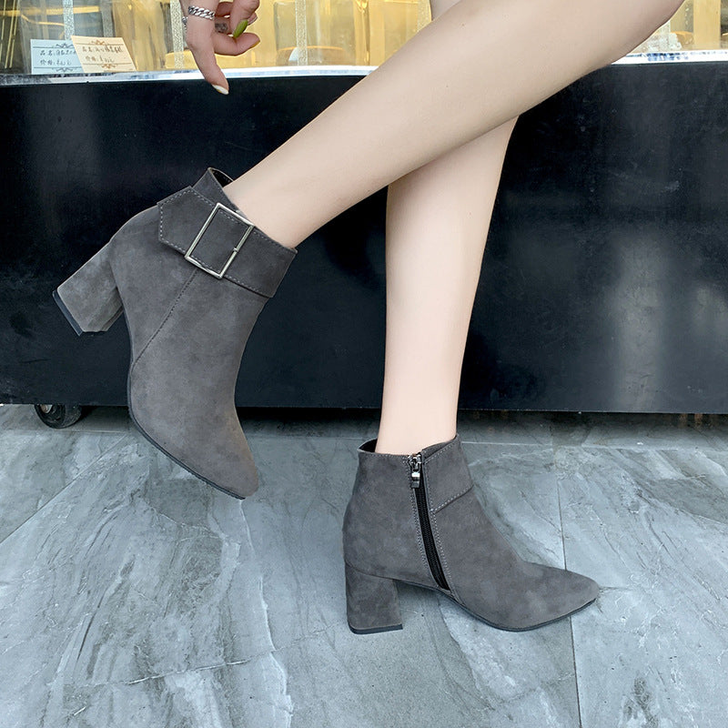 Women's Faux Suede Ankle Boots, Pointed Toe Block Heel Booties with Square Buckle, Side Zipper Chunky Heel Winter Dress Boots, Black Brown Gray Office Casual Footwear