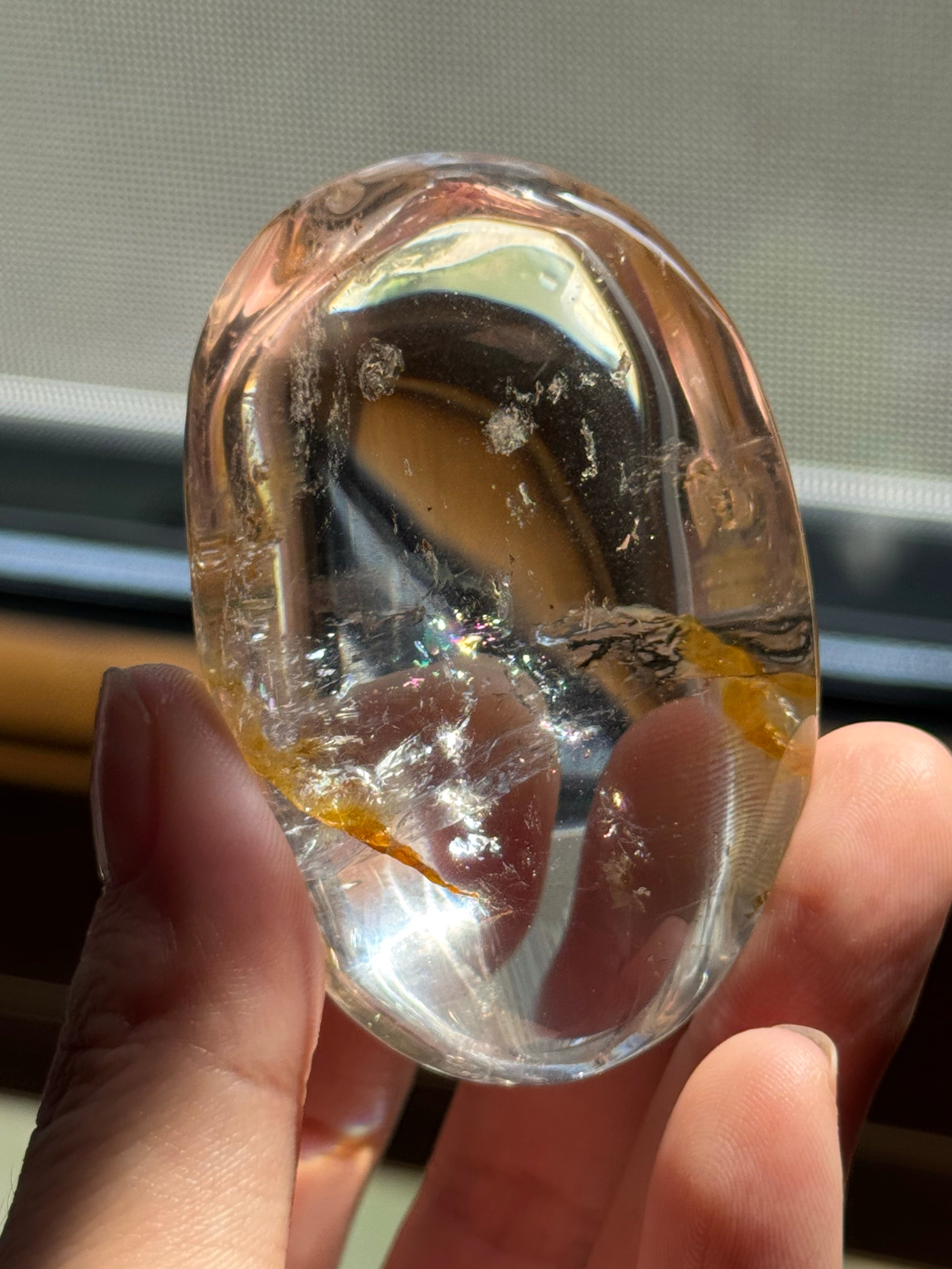 Polished Oval Clear Crystal Palm Stone with Golden Rutile Thread Inclusion, Smooth Handheld Pocket Mini Decor Specimen