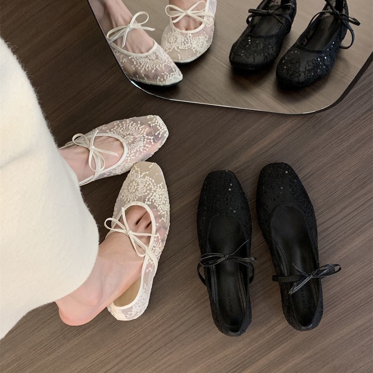 Lace Mesh Embroidered Bow Mary Jane Ballet Flats, Square Toe Strappy Flat Shoes, Elegant Breathable Slip‑On Dress Shoes for Women
