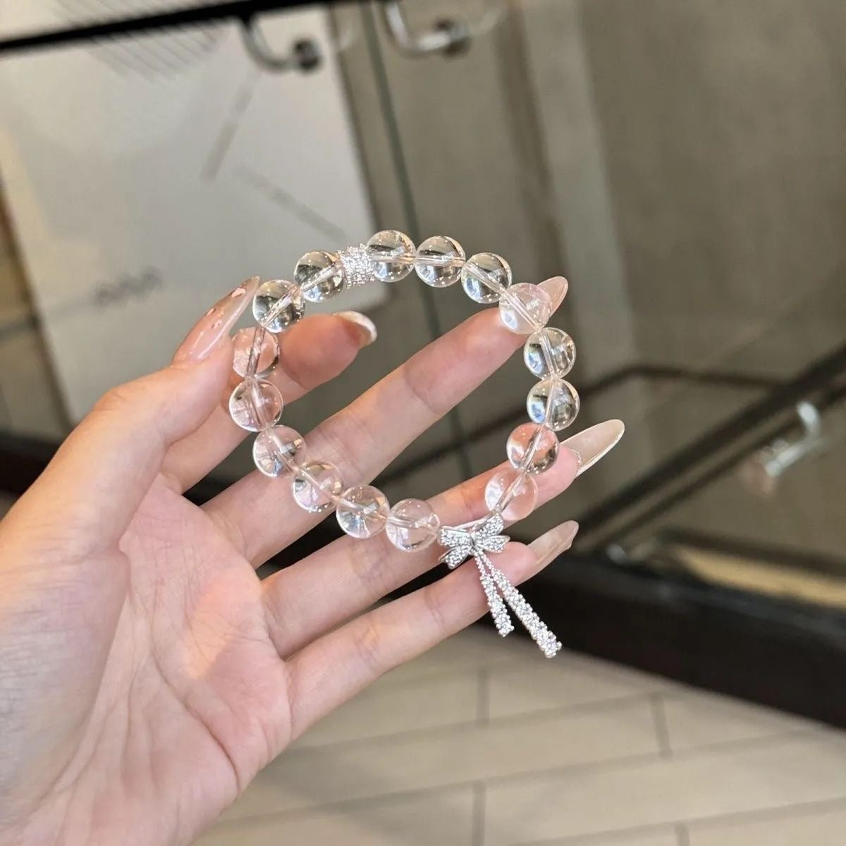Clear Round Bead Stretch Bracelet, Rhinestone Bow Tassel Charm Minimalist Wrist Jewelry