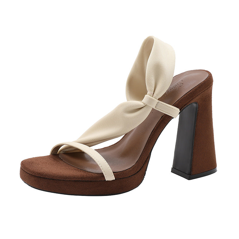 Women's Two-Tone Bow Chunky Block Heel Platform Mule Sandals, Cream Brown Peep Toe Slip On High Heel Slides, Vintage Y2K Party Dress Heels