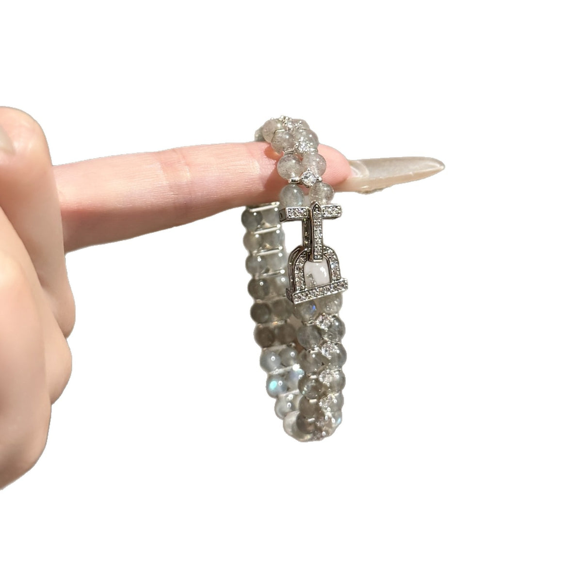 Double‑Strand Grey Translucent Beaded Bracelet, Rhinestone Buckle Metal Clasp Bracelet for Women