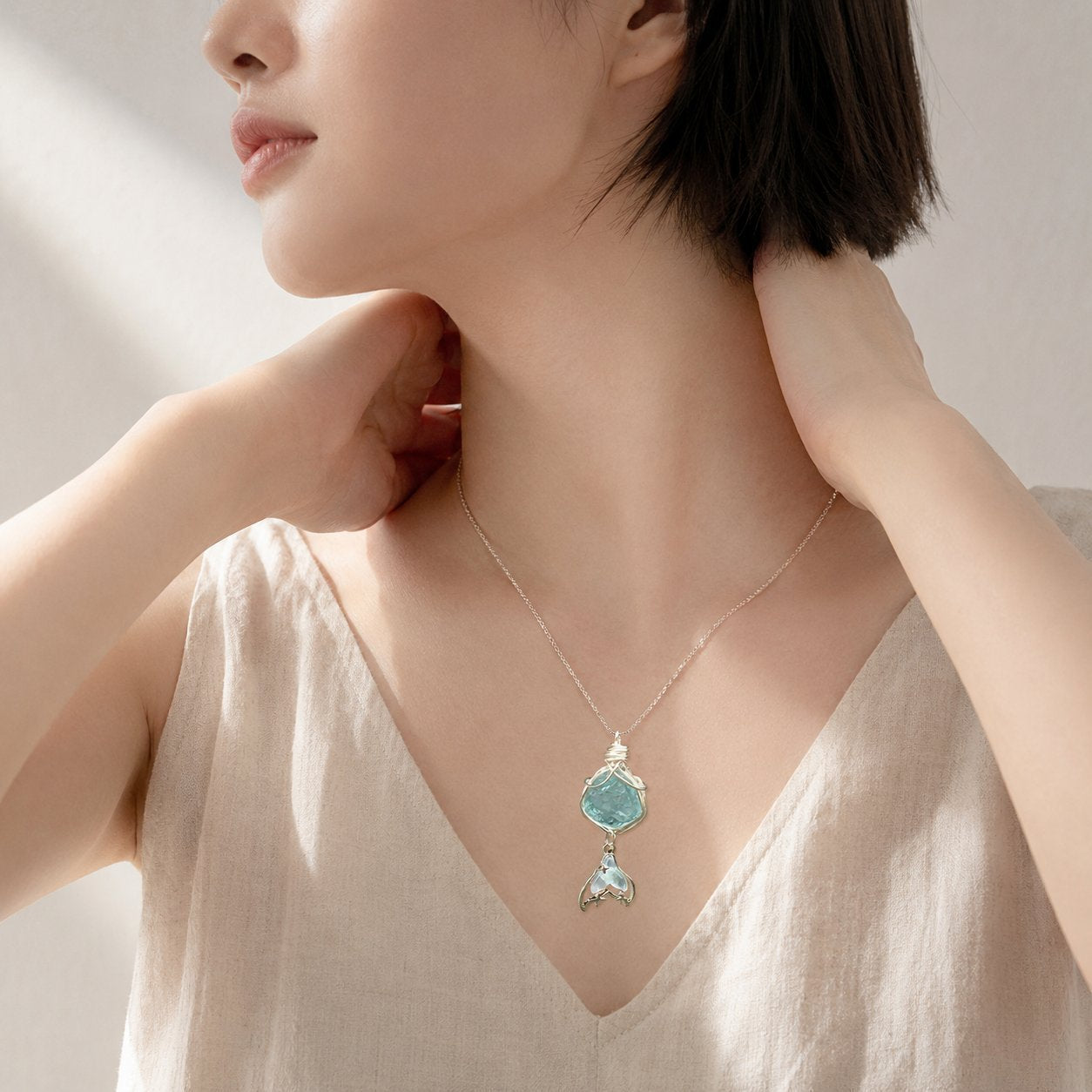 Hand Wire Wrapped Aqua Blue Stone Pendant Necklace, Mermaid Tail Charm Ocean Theme Silver Chain Necklace