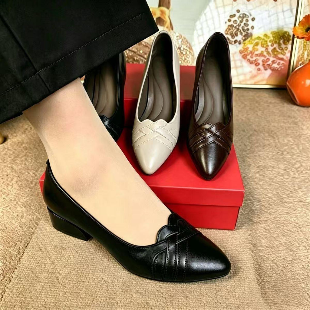 Women's Pointed Toe Block Heel Pumps, Woven Stitch Low Heel Dress Shoes, Comfort Office Work Flats for Ladies Black Beige Dark Brown