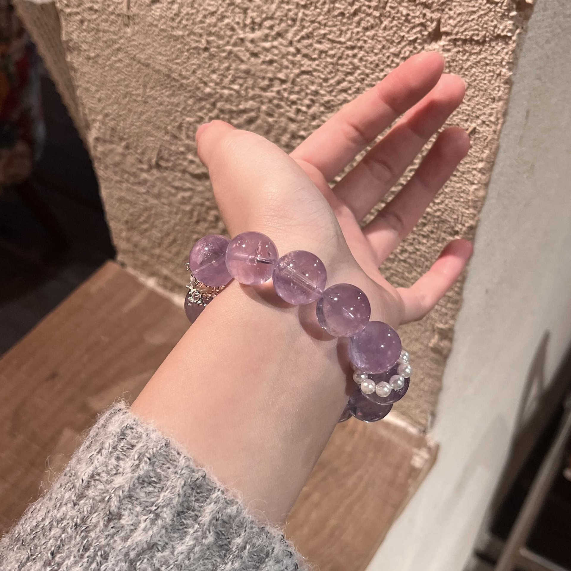 Transparent Lavender Purple Round Bead Stretch Bracelet, Imitation Pearl & Silver Spacer Beaded Bracelet for Women