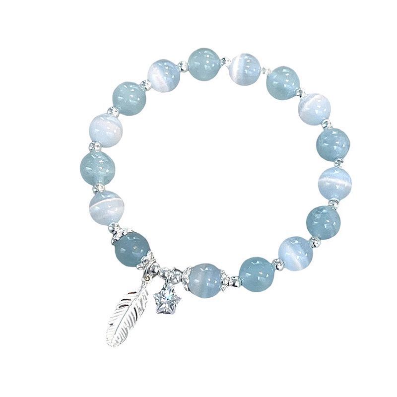Light Blue Cat Eye Bead Stretch Bracelet, Silver Feather & Star Charm Dainty Beaded Bracelet for Women
