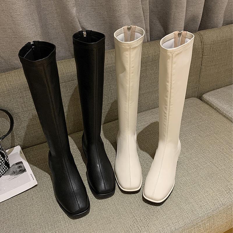 Women's Faux Leather Square Toe Knee High Boots, Back Zipper Stretch Tall Block Heel Boots, Elegant Slim Fit Long Boots Fall Winter Footwear Black Off‑White