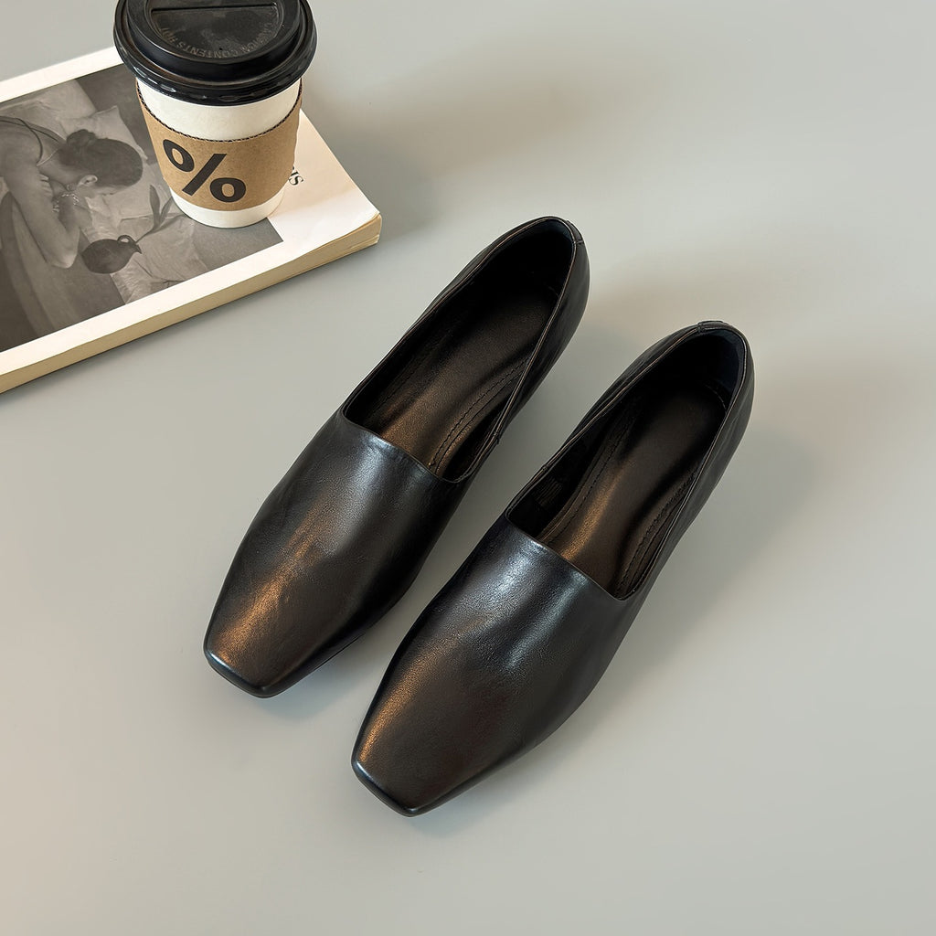 Square Toe V‑Cut Wedge Loafer Pumps, Soft Leather Slip‑On Low Wedge Heel Dress Shoes for Women