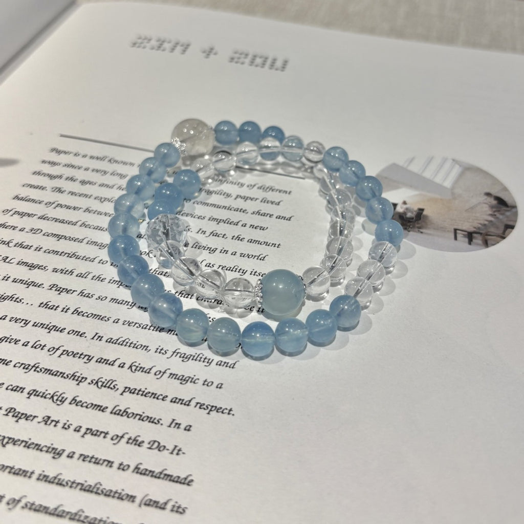 Soft Sky Blue Round Bead Stretch Bracelet, Clear Crystal Focal Bead Mixed Transparent Beaded Bracelet for Women