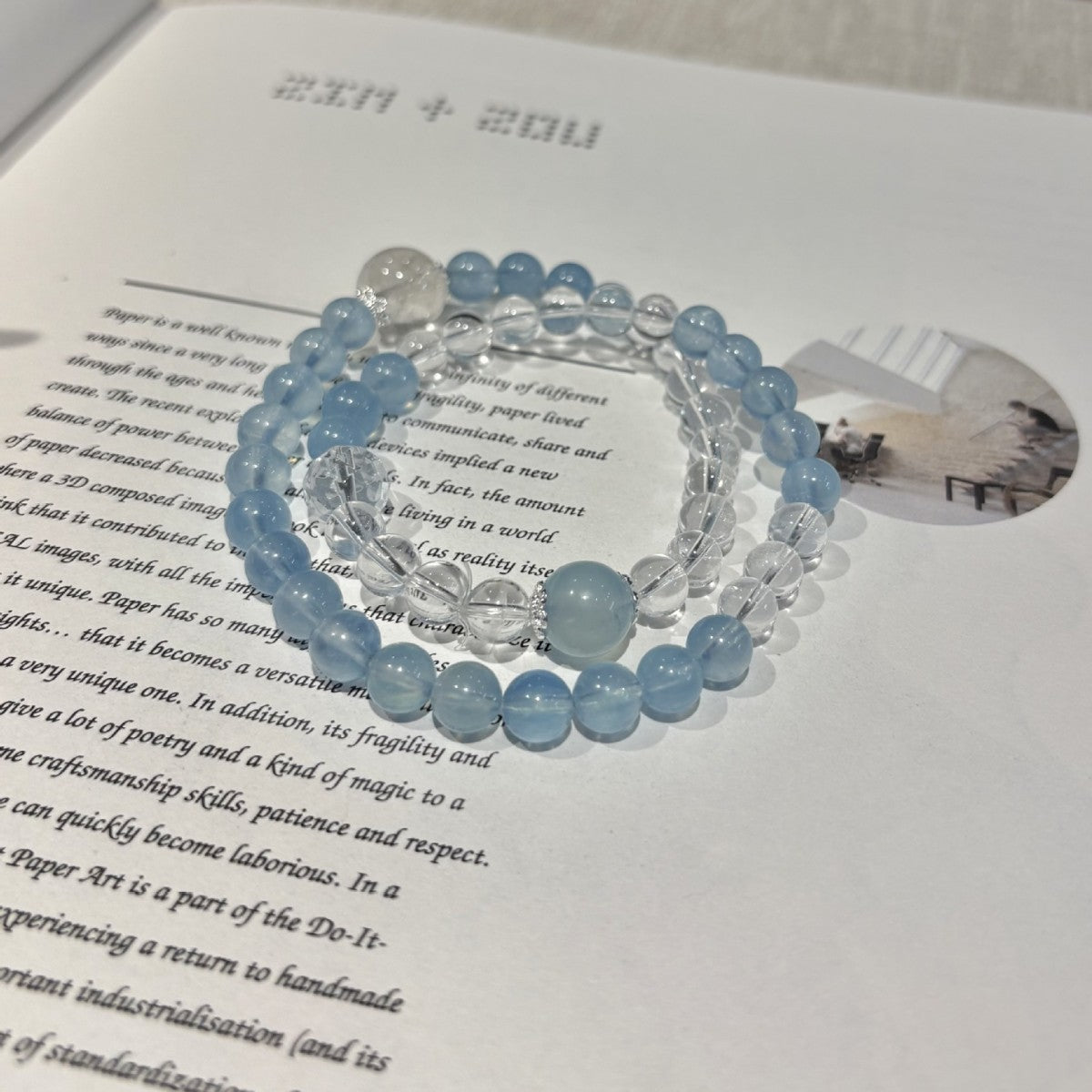 Soft Sky Blue Round Bead Stretch Bracelet, Clear Crystal Focal Bead Mixed Transparent Beaded Bracelet for Women