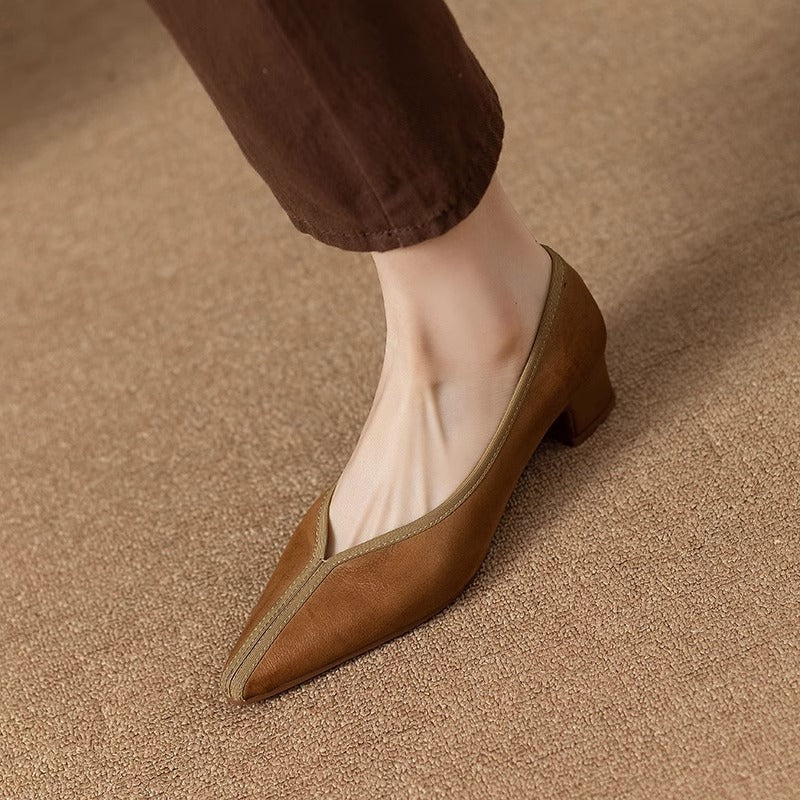 Brown Pointed Toe V-Cut Low Block Heel Pumps, Casual Synthetic Leather Slip-On Dress Shoes, Elegant Low Heel Office Daily Pumps for Women