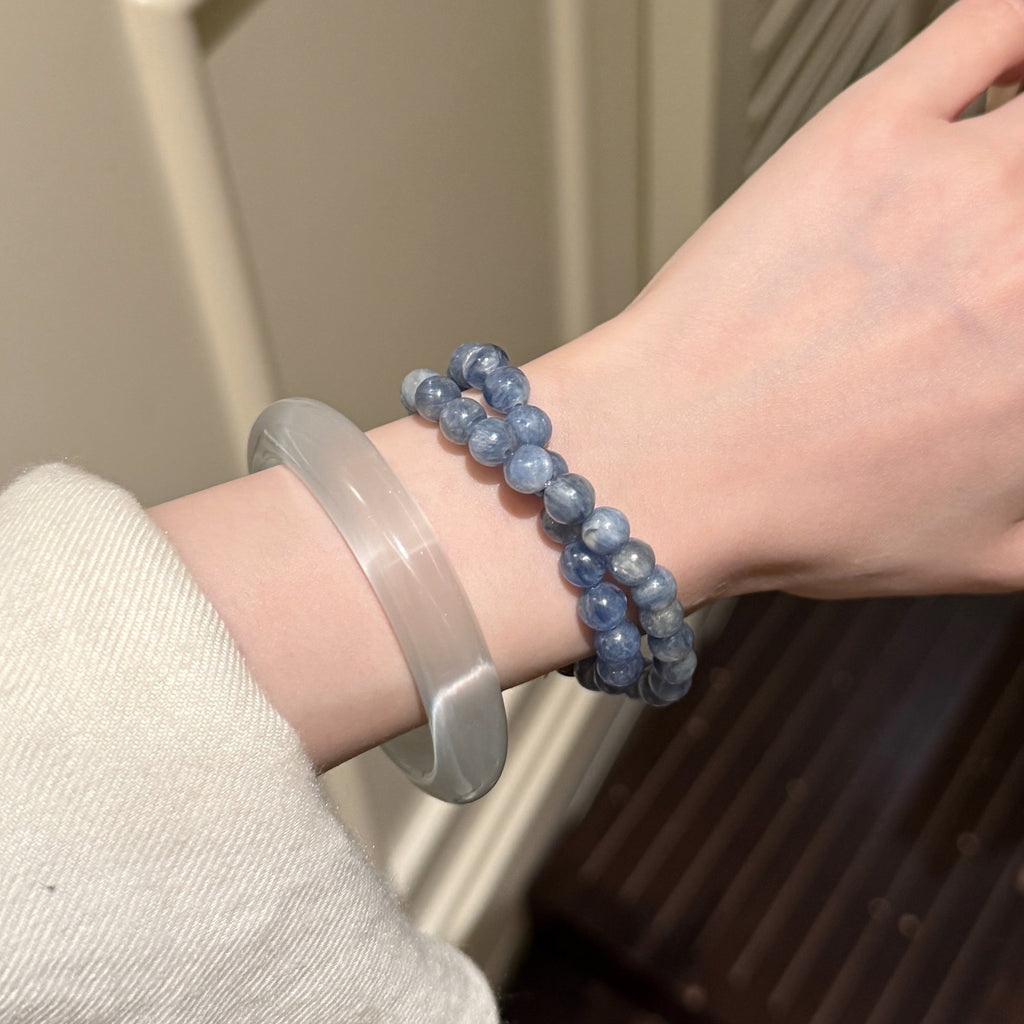 Double‑Strand Mottled Blue Beaded Stretch Bracelet With Wood Beads & Silver‑Tone Flower Charm For Women