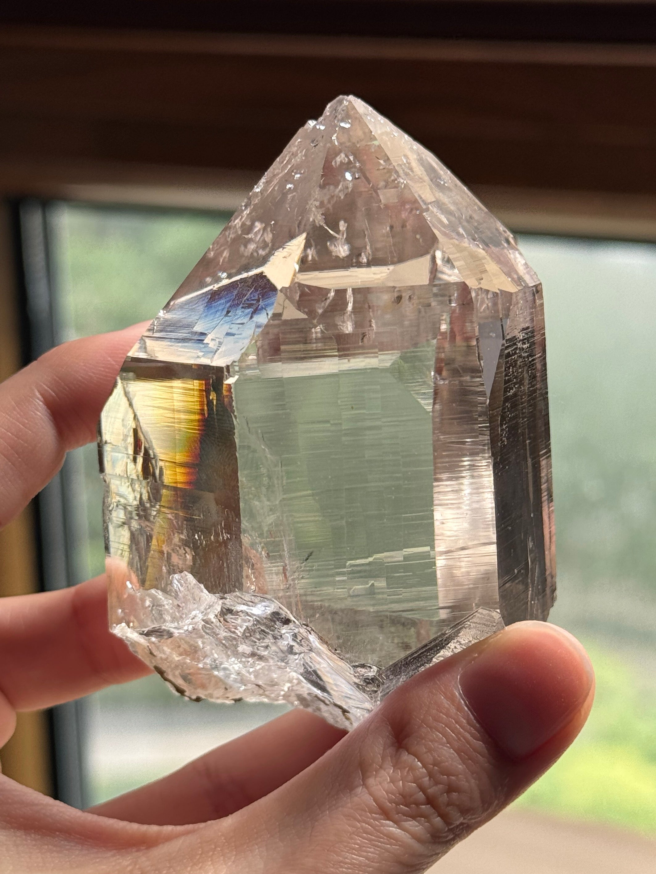 Smoky Toned Clear Crystal Tower Specimen, Horizontal Linear Vein Faceted Crystal Point Desktop Display Ornament