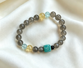 Smoky Grey Round Bead Bracelet With Blue & Yellow Accent Beads, Cool Tone Minimal Daily Bracelet