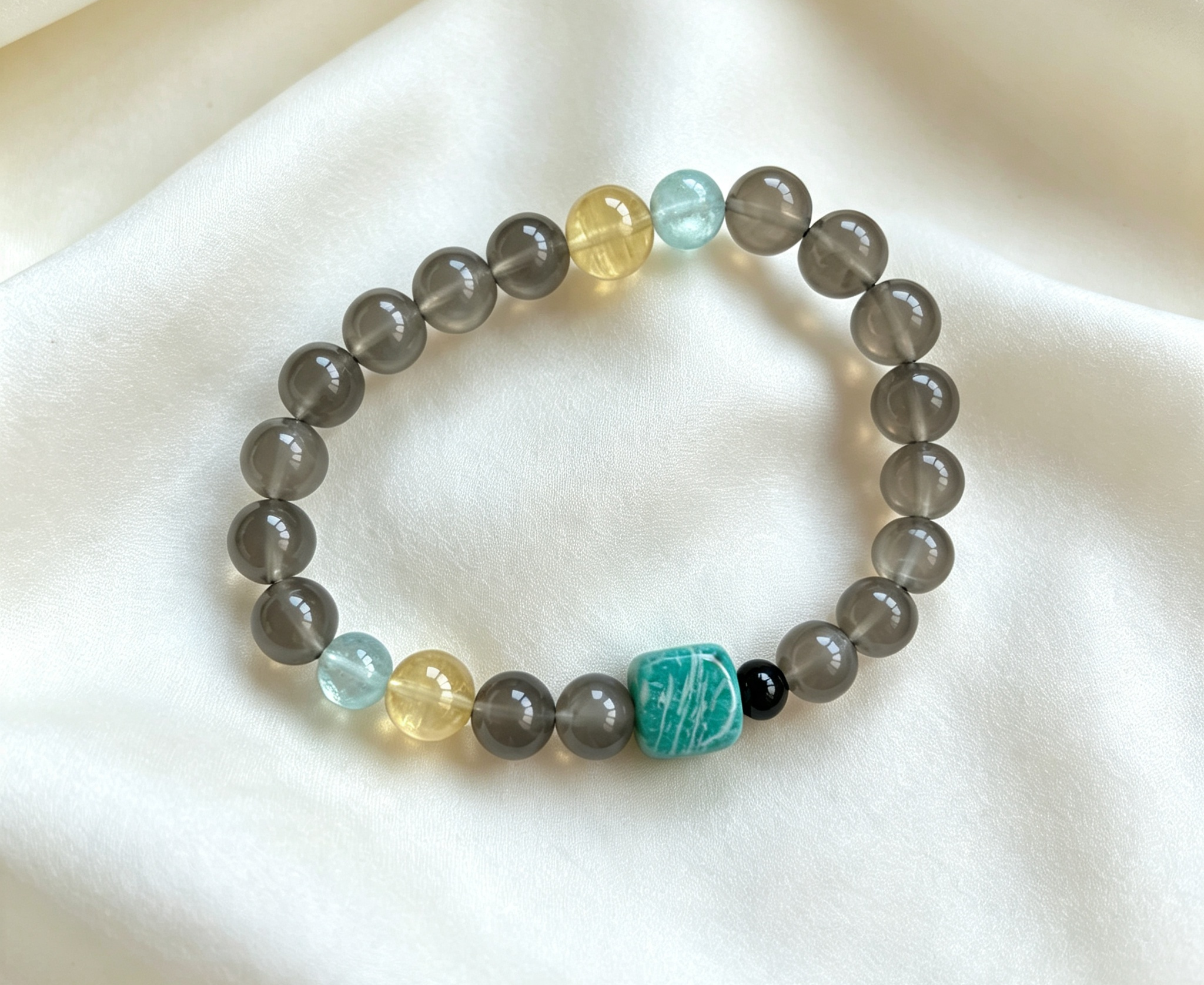 Smoky Grey Round Bead Bracelet With Blue & Yellow Accent Beads, Cool Tone Minimal Daily Bracelet