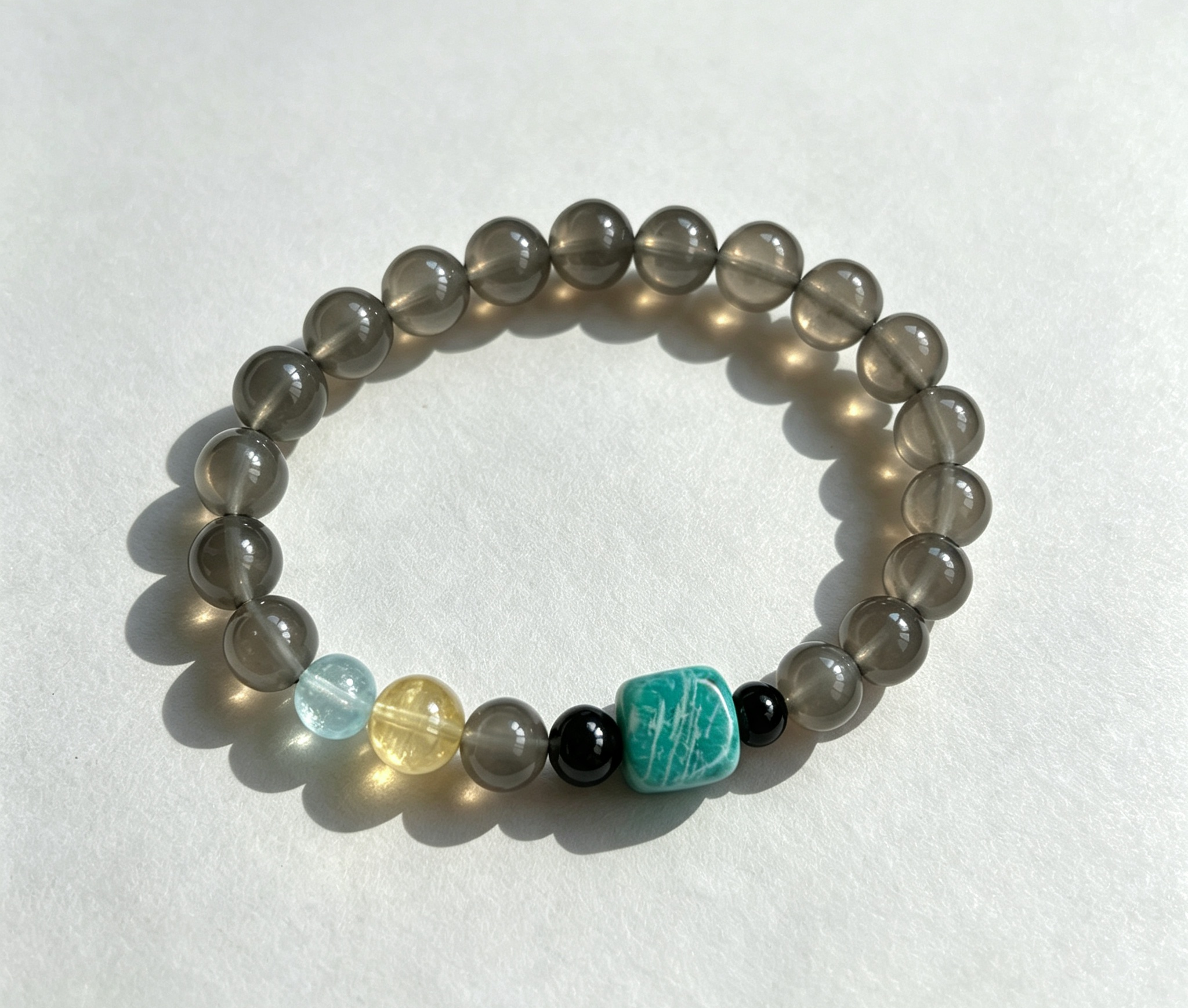 Smoky Grey Round Bead Bracelet With Blue & Yellow Accent Beads, Cool Tone Minimal Daily Bracelet