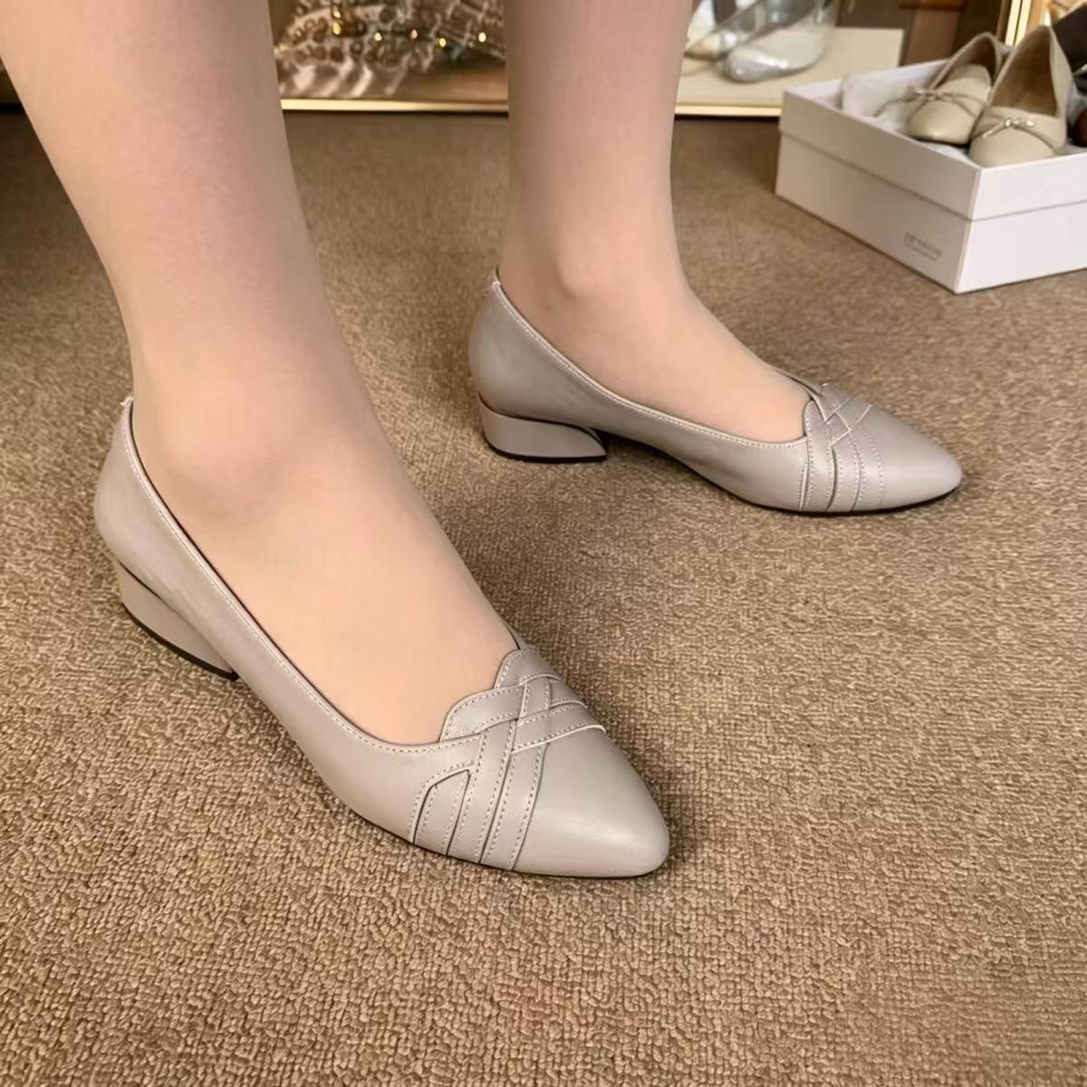 Women's Pointed Toe Block Heel Pumps, Woven Stitch Low Heel Dress Shoes, Comfort Office Work Flats for Ladies Black Beige Dark Brown