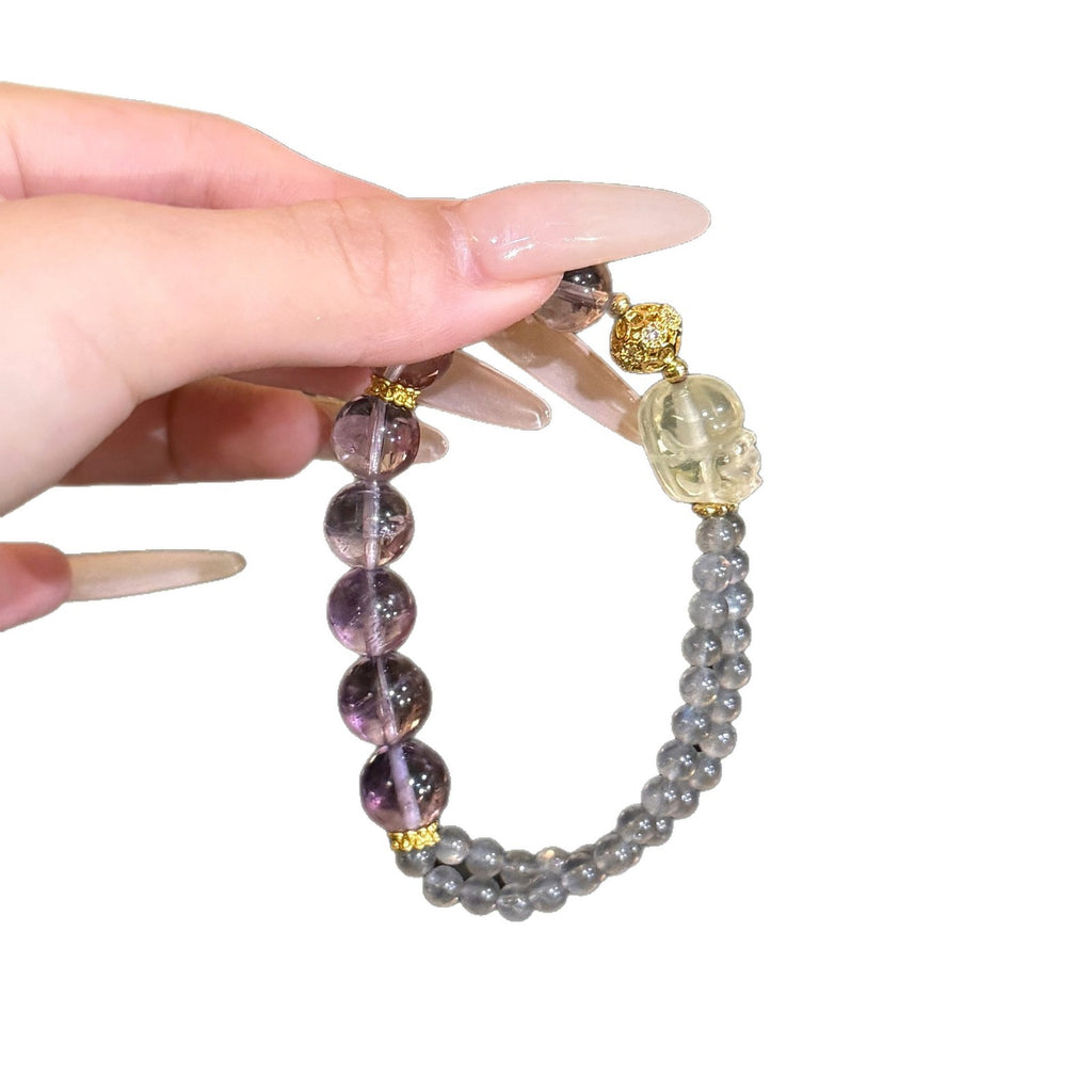 Two‑Strand Purple & Grey Beaded Stretch Bracelet With Carved Ornament & Gold‑Tone Metal Spacers For Women