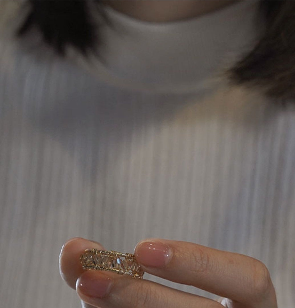 Hand-Wrapped Adjustable Open Ring, Champagne Faceted Beads Wide Band Ring