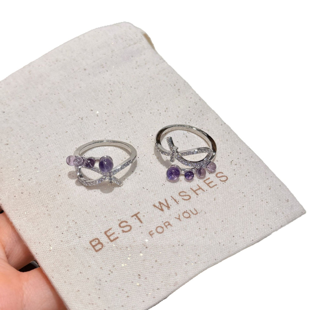 Silver Tone Pave CZ Bow Ring With Gradient Purple Crystal Beads Women Fashion Statement Open Ring Jewelry