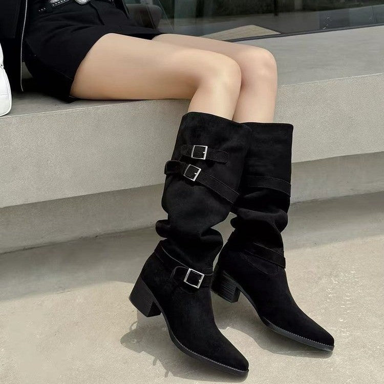 Women's Faux Suede Knee High Slouchy Boots, Multi Buckle Straps Pointed Toe Block Heel Western Boots, Pull On Chunky Heel Cowgirl Boots, Khaki Black Fall Winter Footwear