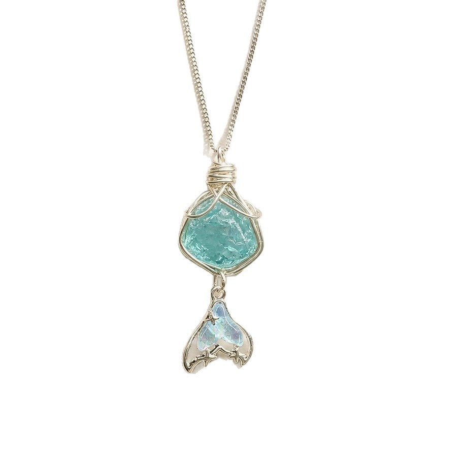 Hand Wire Wrapped Aqua Blue Stone Pendant Necklace, Mermaid Tail Charm Ocean Theme Silver Chain Necklace