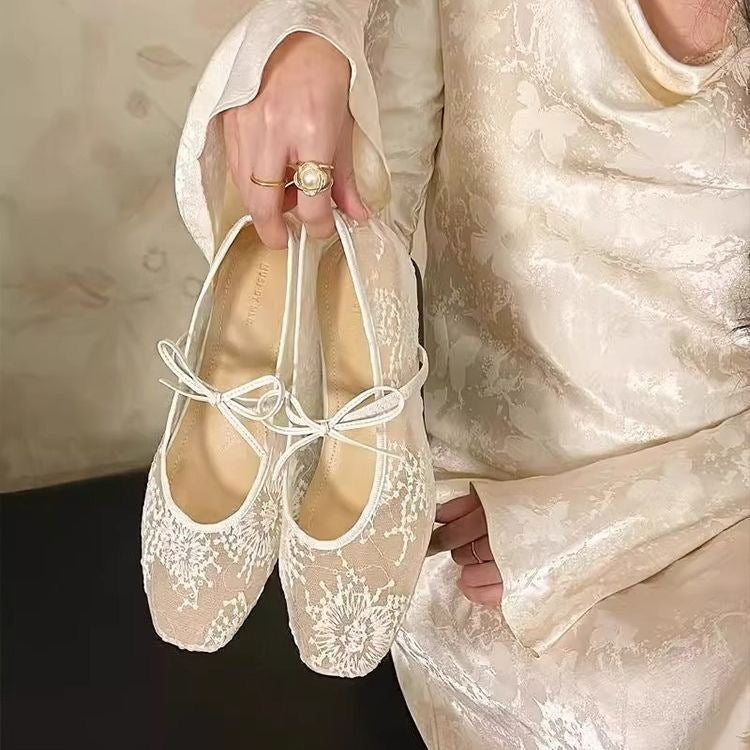 Lace Mesh Embroidered Bow Mary Jane Ballet Flats, Square Toe Strappy Flat Shoes, Elegant Breathable Slip‑On Dress Shoes for Women