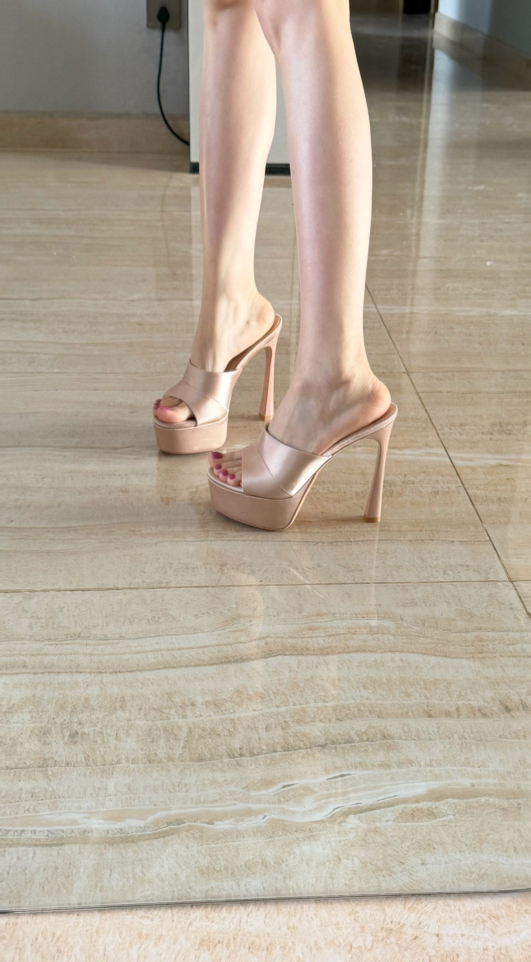 Women's Satin Cross Strap Platform Mule Sandals, Champagne Nude Peep Toe Stiletto Heel Slides, Flared Heel High Heel Party Dress Shoes