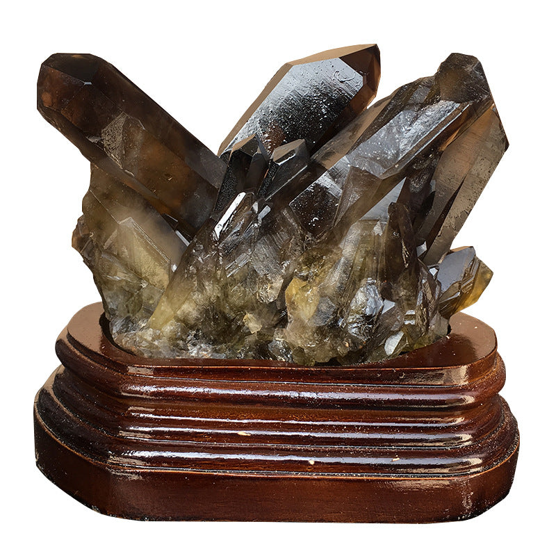 Smoky Quartz Cluster Decor Specimen, Black Crystal Cluster, Removable Wooden Stand or Rock Base, Home Display Ornament