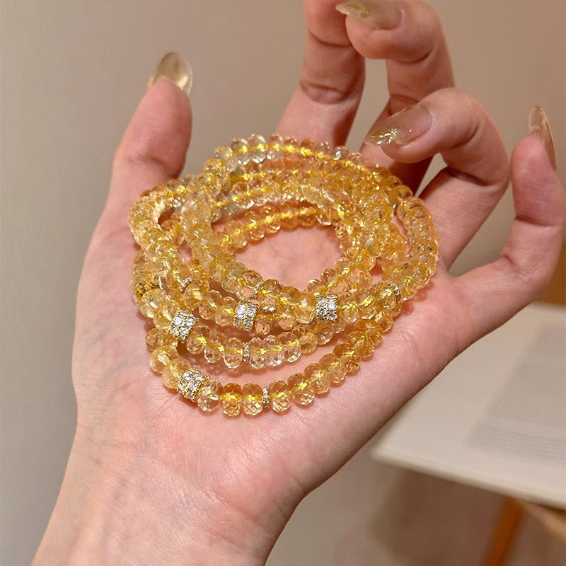 Faceted Wheel‑Cut Yellow Crystal Stretch Bracelet, Pave Crystal Spacer Bead Stackable Wrist Jewelry for Women