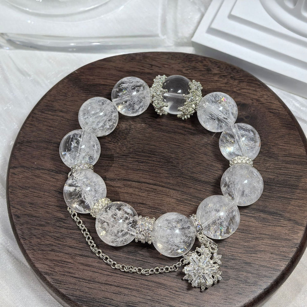 Clear Quartz Beaded Bracelet, Rhinestone Snowflake Charm Stretch Bracelet for Women