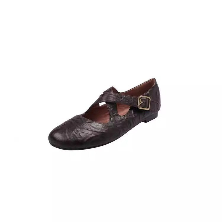 Crinkled Faux Leather Cross‑Strap Mary Jane Flats, Round Toe Buckle Ballet Flat Shoes, Vintage Casual Flat Shoes for Women