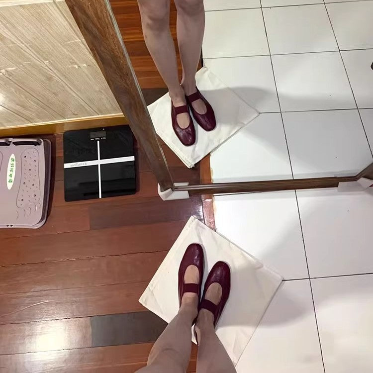 Burgundy Mary Jane Ballet Flats, Elastic Strap Round Toe Soft Leather Women Flat Shoes, Vintage Slip‑On Daily Dress Shoes