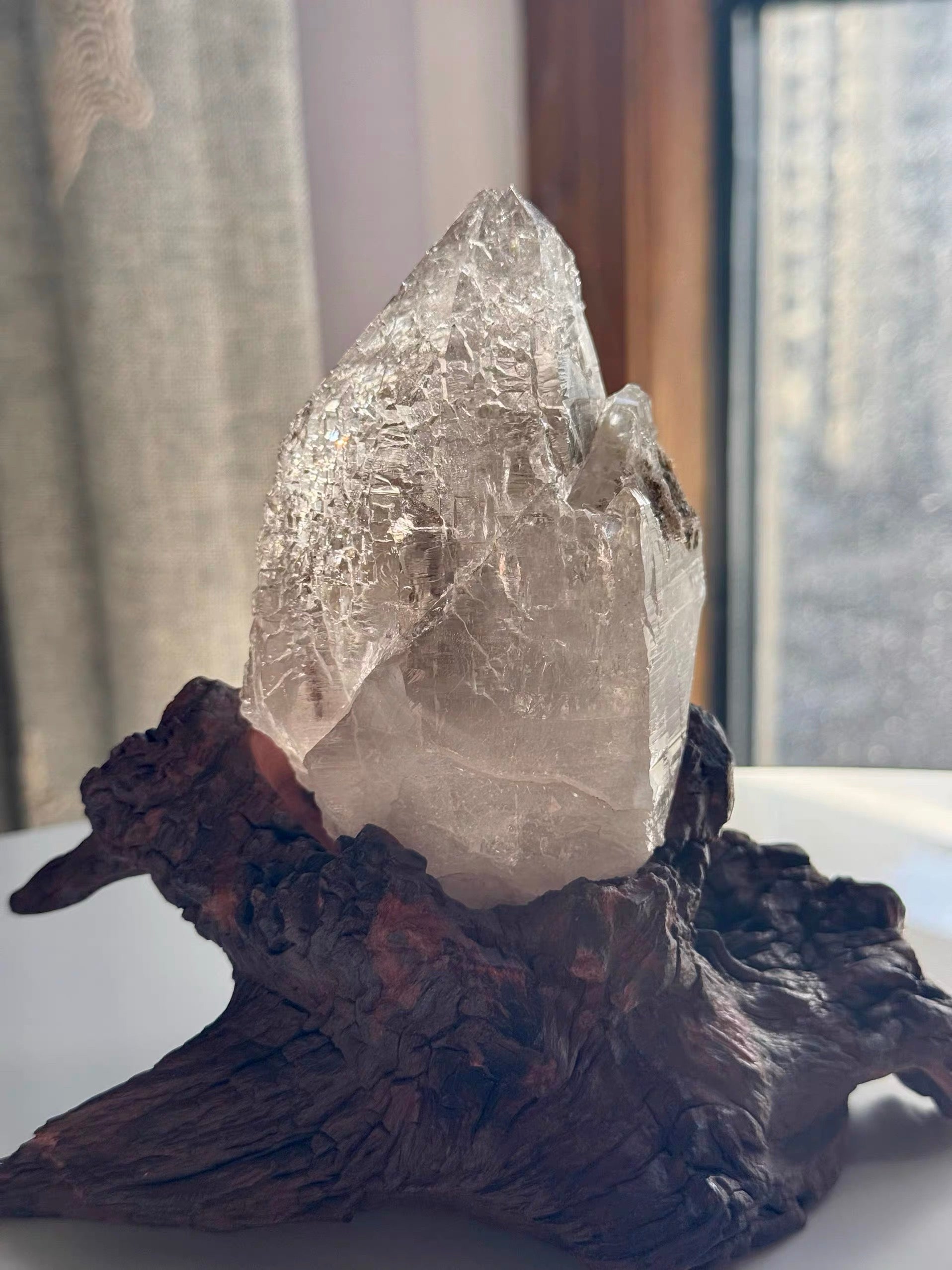 Textured Clear Crystal Point Ornament, Faceted Transparent Crystal Single Specimen Desktop Display Decor