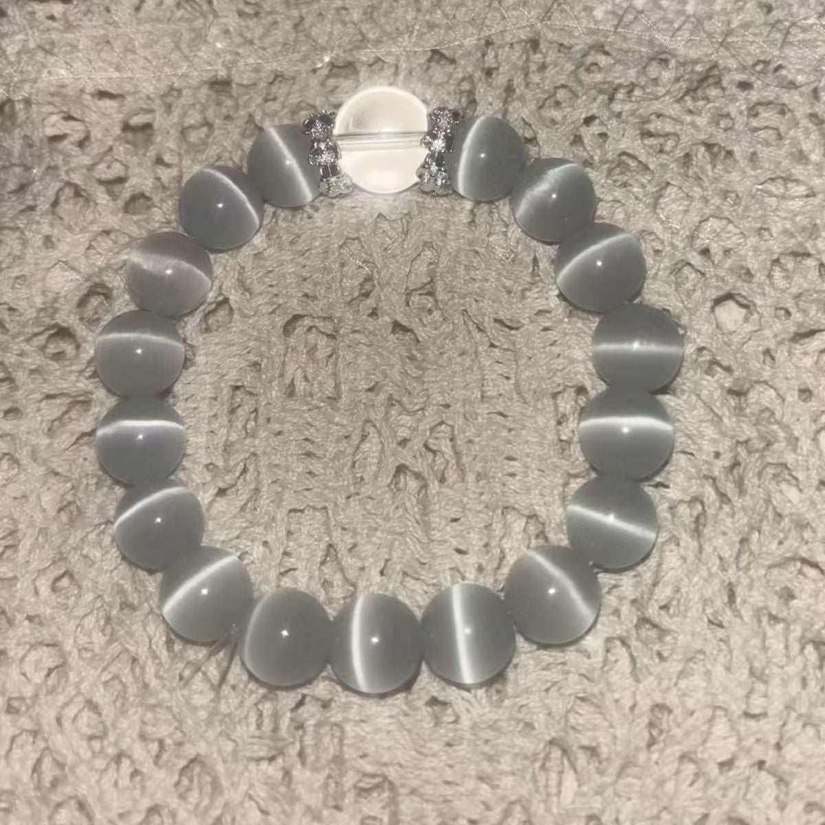 Grey Cat Eye Bead Stretch Bracelet, Minimal Gray Translucent Wrist Adornment