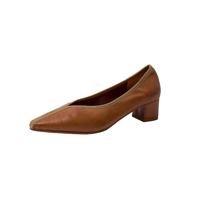 Brown Pointed Toe V-Cut Low Block Heel Pumps, Casual Synthetic Leather Slip-On Dress Shoes, Elegant Low Heel Office Daily Pumps for Women