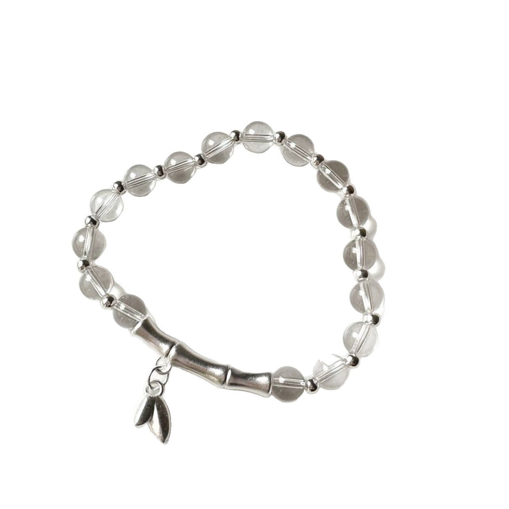 Solid Silver Bamboo Shape Clear Crystal Beaded Stretch Bracelet Leaf Charm Elegant Women Jewelry