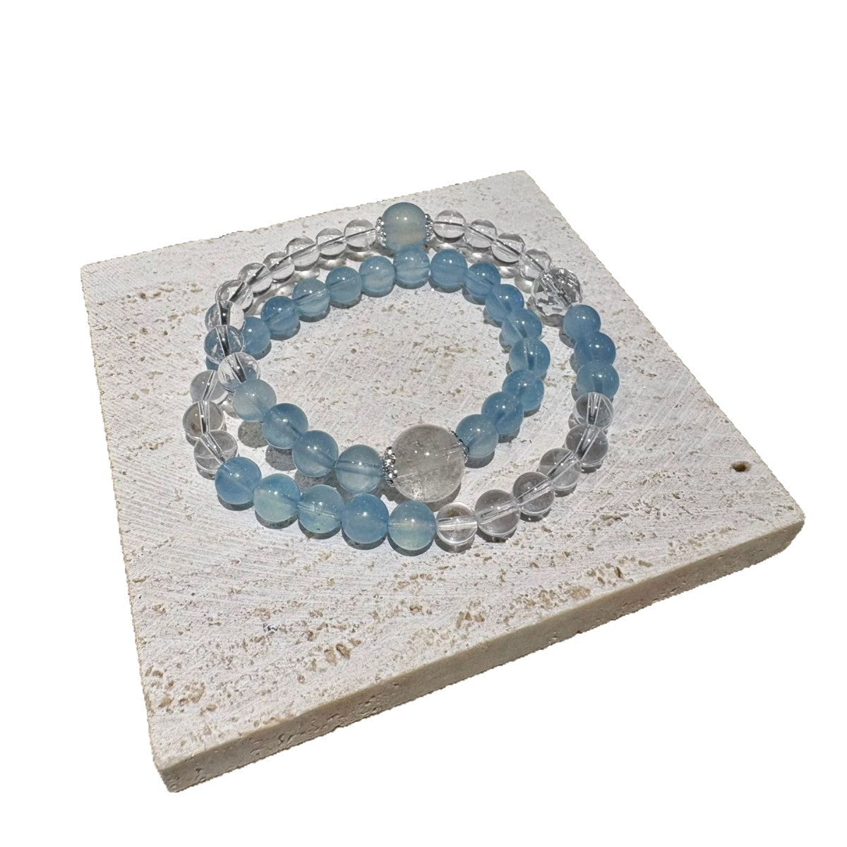Soft Sky Blue Round Bead Stretch Bracelet, Clear Crystal Focal Bead Mixed Transparent Beaded Bracelet for Women
