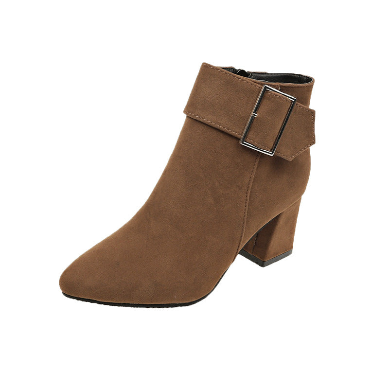 Women's Faux Suede Ankle Boots, Pointed Toe Block Heel Booties with Square Buckle, Side Zipper Chunky Heel Winter Dress Boots, Black Brown Gray Office Casual Footwear