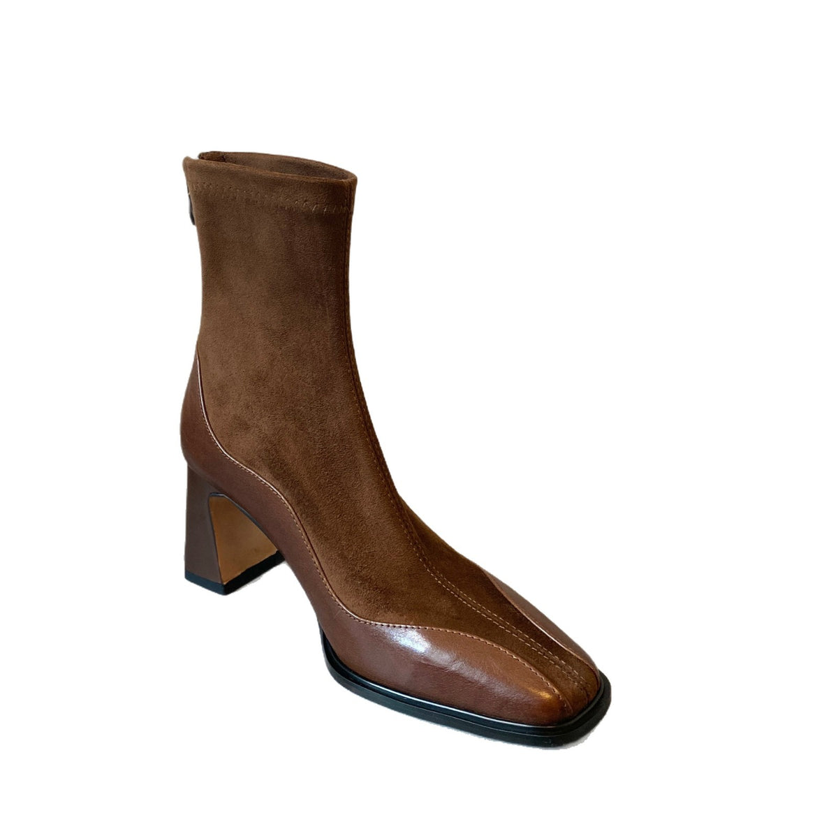 Women's Square Toe Patent Leather Spliced Ankle Boots, Stretch Sock Booties, Chunky Block Heel Back Zip Short Boots, Black Brown Elegant Fall Winter Boots