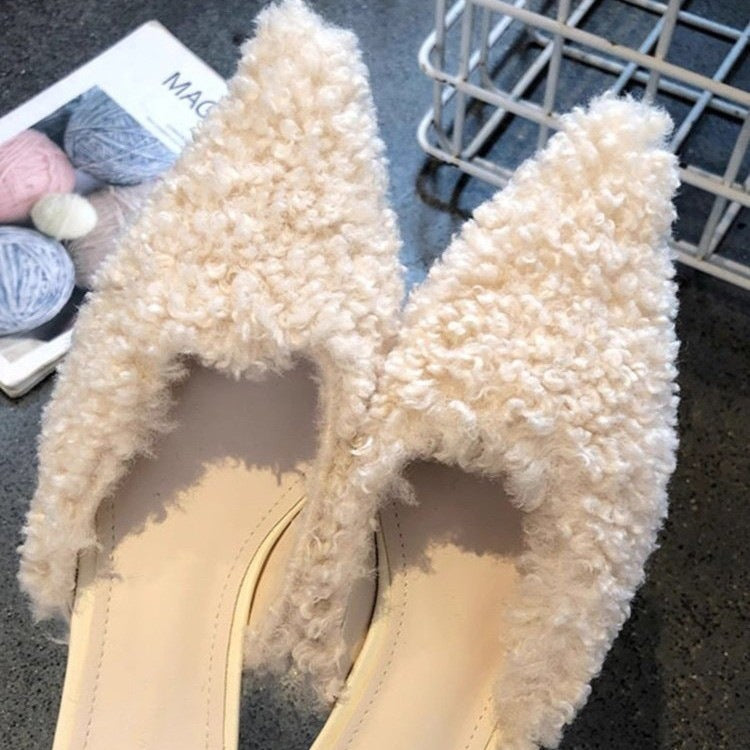 Women's Fuzzy Teddy Mules Slides, Pointed Toe Block Low Heel Backless Mules, Furry Slip‑On Slipper Heels, Fall Winter Dress Party Mules Black Cream Pink