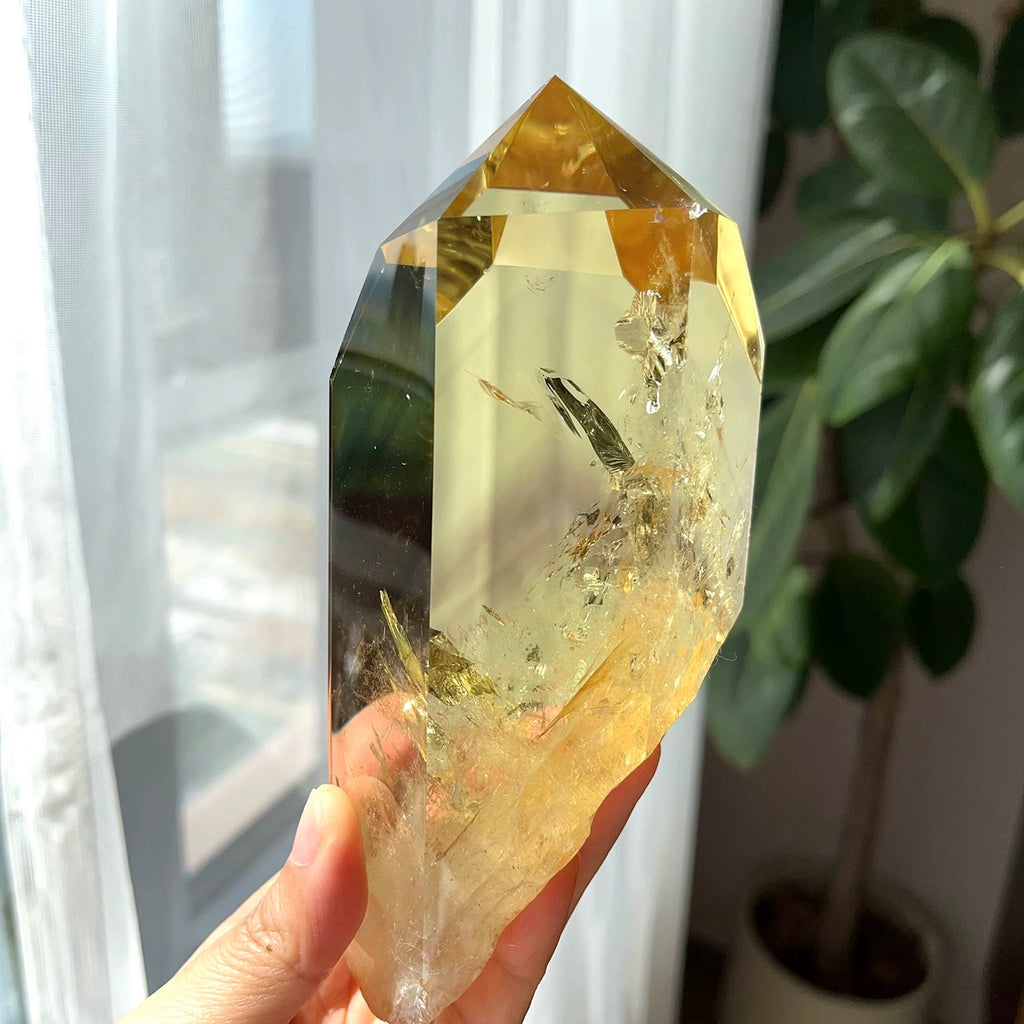Golden Yellow Crystal Tower Point Ornament, Rutile Inclusion Polished Hexagonal Prism Decor