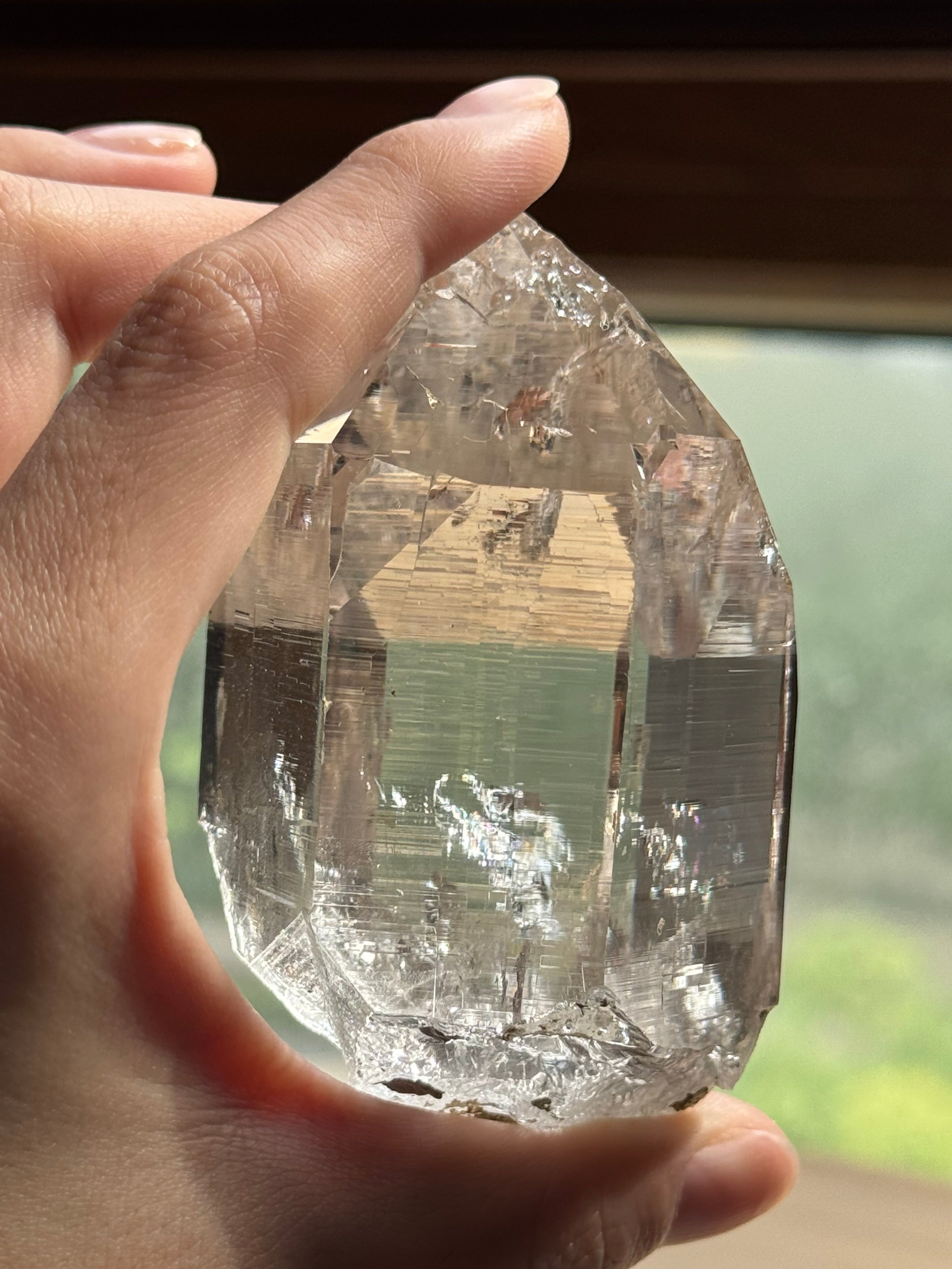Smoky Toned Clear Crystal Tower Specimen, Horizontal Linear Vein Faceted Crystal Point Desktop Display Ornament